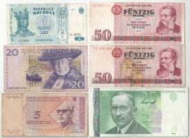 5db külföldi bankjegy, közte Moldova 1995. 5L + NDK 1971. 50M (2x), Észtország 2007. 25K T:F 5pcs of banknotes, with Moldova 1995. 5 Lei + GDR 1971. 50 Mark + Estonia 2007. 25 Kronor C:F