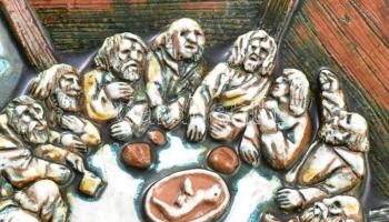 Varga Mátyás (1910-2002): Utolsó vacsora. Színes mázakkal festett fali kerámia, hibbátlan. Jelzett: ...