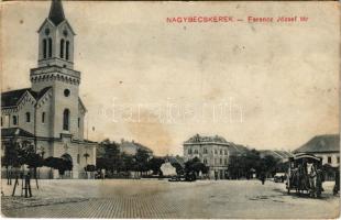 Nagybecskerek, Zrenjanin, Veliki Beckerek; Ferenc József tér, templom, omnibusz. Berger Rezső kiadása / square, church, omnibus + "K.U.K. RESERVESPITAL in Nagybecskerek" (fl)