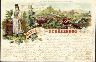 Segesvár with Saxon folkwear litho