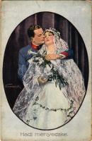 Hadi menyecske / WWI Austro-Hungarian K.u.K. military art postcard, soldier's wife, romantic couple. P.G.W.I. 139. artist signed (EK)