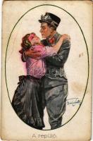 A repülő / WWI Austro-Hungarian K.u.K. military art postcard, pilot with lady, romantic couple. P.G.W.I. artist signed (fa)