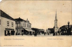 1908 Érsekújvár, Nové Zámky; Kossuth Lajos tér, templom, Leuchter Izidor üzlete, kávéház. Conlegner J. és fia kiadása / square, church, café, shop (EM)