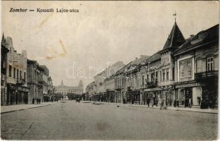 1915 Zombor, Sombor; Kossuth Lajos utca, Messinger és Ofner üzlete. Gehring Istvánné kiadása / street view, shops (fl)