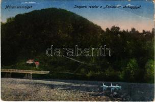 1929 Máramarossziget, Sighet, Sighetu Marmatiei; Iza parti részlet a Szalaván várheggyel, híd / riverside, bridge (lyuk / pinhole)