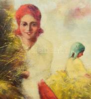 Azonosítatlan jelzéssel: Kévekötők. Olaj, vászon, sérüléssel. Dekoratív, de erősen sérült keretben 7...