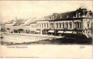 Kolozsvár, Cluj; Fő tér, Csiky Mihály, Csillag Manó, Bányai Sámuel fia és Hubay Károly üzlete. Gibbon Albert kiadása / main square, shops