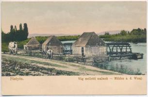 Pöstyén, Piestany; Vág melletti malmok, úszó hajómalom. Lampl Gyula kiadása / Váh river, floating ship mills