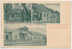 1899 (Vorläufer) Fehértemplom, Ung. Weisskirchen, Bela Crkva; Lövölde, Vendel utca, vasútállomás, Gustav Wunder üzlete és saját kiadása / shooting hall, street, railway station, shop / Schiesstätte, Wendelingasse, Bahnhof