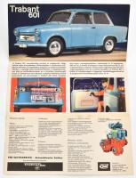 1964 Trabant 601, színes képekkel illusztrált, magyar nyelvű ismertető prospektus, kihajtva: 28,5x20...