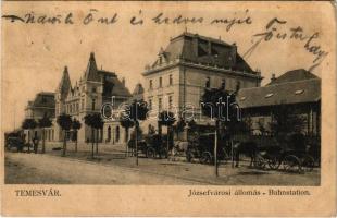 1904 Temesvár, Timisoara; Józsefvárosi vasútállomás. Moravetz és Weisz kiadása / Bahnstation / railway station (ázott / wet damage)