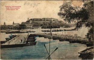 1910 Újvidék, Novi Sad; Pétervárad vár, nyitott pontonhíd elhaladó ALADÁR gőzhajóval / Grad Petrovaradin / Festung Peterwardein / castle, opened pontoon bridge, steamship (fl)