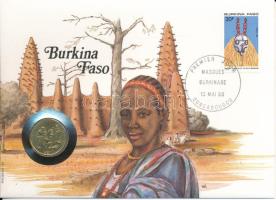 Közép-afrikai Államok 1987. 10Fr Al-bronz "Burkina Faso" felbélyegzett borítékban, bélyegzéssel, német nyelvű leírással T:UNC  Central African States 1987. 10 Francs Al-bronze in "Burkina Faso" envelope with stamp and cancellation, with German description C:UNC