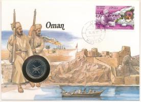 Omán 1987. 50b érmés borítékban, bélyeggel és bélyegzéssel, német nyelvű ismertetővel T:UNC  Oman 1987 50 Baisa in coin envelope, with stamp and cancellation, with German description C:UNC