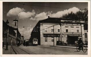 1937 Budapest II. Császár fürdő és szálló, 9-es villamos, kerékpár, automobil, Dreher sörök