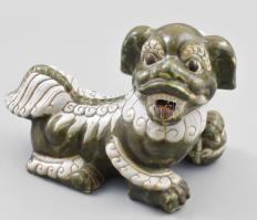 Kínai fo kutya mázas kerámia szobor, Jelzett, apró sérülésekkel / Chinese Foo dog with damages 23x28 cm