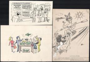 Szegő Gizi (1902-1985): Ludas Matyiban megjelent grafikák, karikatúrák vázlatai. 12 db. Vegyes techn...