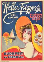 1929 Szegő Gizi (1902-1985): Heller Frigyes, női kalap, Csányi u. 12, Bp.. Art deco reklám plakát. Litográfia, papír, jelzett a litográfián jobbra lent. Rosenthal Litográfia Bp. Apró lapszéli szakadásokkal, hajtásnyommal. 62x47 cm.