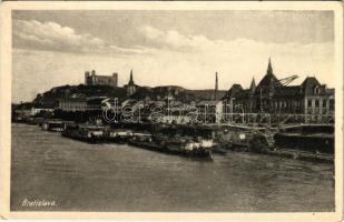 Pozsony, Pressburg, Bratislava; látkép, vár, uszályok, építkezés. D. K. 947. / general view, castle, barge, construction