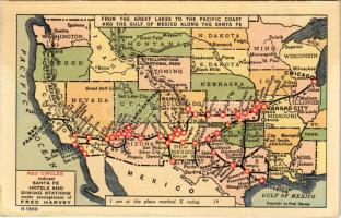 USA - From the Great Lakes to the Pacific Coast and the Gulf of Mexico along the Santa Fe. Red circles indicate Santa Fe hotels and dining stations under management of Fred Harvey, advertising map / Amerikai Egyesült Államok térképe a Nagy Tavaktól a Csendes-óceán partjáig és a Mexikói-öbölig a Santa Fe mentén - szálloda és étterem reklám