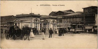 Alexandria, Railway Station of Ramleh, Tennent's Pilsener beer, tram with Byrrh advertisement / vasútállomás és villamos (14,2 x 7,3 cm)