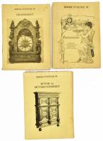 KISOSZ Füzetek, 3 db: Óraismeret. Összeállította: Vályi Huba. Hn.,1990, Printself Kft,(Szövorg-ny.), 174 p. Fekete-fehér képekkel, ábrákkal illusztrált. Kiadói papírkötés, kissé sérült gerinccel, kissé foltos borítóval, néhány oldalon tollas jelöléssel, jegyzetekkel. + Ékszerismeret. Drágakövek, nemesfémékszerek és dísztárgyak, régi és antik nemesfém tárgyak. Összeállította: Gazdig Tibor. Hn., 1990, Printself Kft,(Szövorg-ny.), 161 p. Fekete-fehér képekkel, ábrákkal illusztrált. Benne nemesfém és ötvös jelzésekkel. Kiadói papírkötés, borítón és címlapon kisebb szakadással, borítón és néhány kevés oldalon ceruzás és tollas jelöléssel, jegyzetekkel. + Kenessei András: Bútor- és műtárgyismeret. Hn., 1990, Printself Kft,(Szövorg-ny.), 152 p. Fekete-fehér képekkel illusztrált. Kiadói papírkötés, kissé sérült gerinccel, kissé foltos borítóval, sérült kötéssel, néhány oldalon ceruzás és tollas jelöléssel, jegyzetekkel.