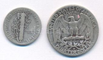 Amerikai Egyesült Államok 1936. 1d (10c) Ag "Mercury" + 1953D 1/4$ Ag "Washington&quo...