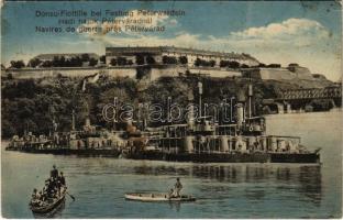 1914 Donauflottille bei Festung Peterwardein. K.u.K. Kriegsmarine / Osztrák-Magyar Haditengerészet Dunaflottilla hadihajói Pétervárad váránál. Singer J. udvari fényképész / Austro-Hungarian Navy Danube Fleet river guard ships near Petrovaradin Castle (fl)