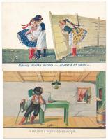 4 db RÉGI magyar népviseletes folklór művészlap: nótás grafika, népdalok / 4 pre-1945 Hungarian folklore art postcards: folk songs