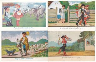 4 db RÉGI magyar népviseletes folklór művészlap: nótás grafika, népdalok / 4 pre-1945 Hungarian folklore art postcards: folk songs