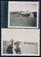 1933 Cserkész jamboree, gróf Teleki Pál a cserkész repülőket szemléli + repülők sátora, 2 db fotó, 6×9 és 6×6 cm