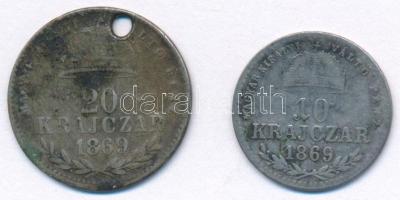 1869KB 10kr Ag &quot;Magyar Királyi Váltó Pénz&quot; + 1869KB 20kr Ag &quot;Magyar Királyi Váltó Pénz&quot; T:F patina, az egyik lyukasztva Adamo M10.1, M11.1