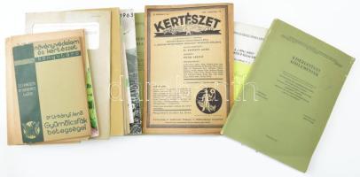 Vegyes kertészeti könyv és nyomtatvány tétel, össz. 13 db: Karmacsi Bertalan: Útmutató a tömeges termesztésre alkalmas gyümölcsfajtákról. Bp., 1942, M. Kir. Földmívelésügyi Minisztérium Kertészeti Ügyosztálya + Kisdi Ferenc: Útmutató gyümölcsös telepítésére és a gyümölcsfák ültetésére. Bp., 1942, M Kir. Földmívelésügyi Minisztérium Kertészeti Ügyosztálya. + Dr. Urbányi Jenő: Gyümölcsfák betegségei. Növényvédelem és kertészet könyvtára 1. Bp., 1935, A Növényvédelem és Kertészet. stb. Klf. kötések és kiadások, többségében jó állapotban