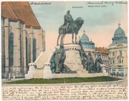 1913 Kolozsvár, Cluj; Mátyás király szobor. Schuster Emil kiadása, 2-részes kinyitható panorámalap / monument of Matthias Corvinus. 2-tiled folding panoramacard (hajtásnál szakadt / bent til broken)