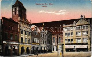 Marienwerder, Wpr., Lauben, Schiffner & Tolksdorf, Raths Conditorei, Johannes Fillbrandt, M. Conitzer & Soehne / street view, shops, advertising column