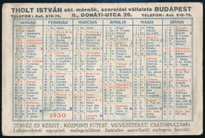 1930 Tholt István okl. mérnök szerelési vállalata, Budapest kártyanaptár