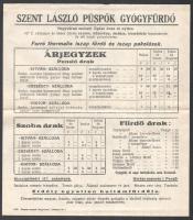 cca 1930 Püspök Gyógyfürdő utazási prospektus árlistával