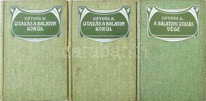 Eötvös Károly: Utazás a Balaton körül I-II. + A balatoni utazás vége. Bp., 1909 Révai. Kiadói szecessziós egészvászon borítókkal. Első kötetben halvány folttal a lapokon