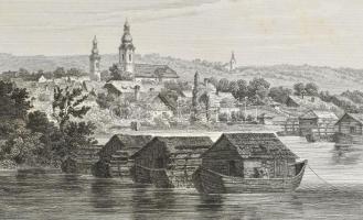cca 1870 F. Ahrens: Hajómalmok a Dunán, Dunaföldvár, acélmetszet, Verlag der Kunst Anstalt des Oestr...