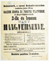 1866 A Kolozsvár (Erdély) Redoutte-termében tartandó nagy hangverseny műsorismertető plakátja hirdetménybélyeggel, sarokjavítással, 39×30 cm