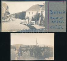 1915 Katonai útépítés hadifoglyokkal Berecken (Erdély) és Bajor úti építési emlék, 2 db fotó, felirattal, 6,5×10 cm