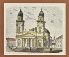 cca 1860 Szatmár székesegyház. Erdély színezett rotációs fametszet 15x13 cm Paszpartuban / Satu Mare colored woodplate engraving