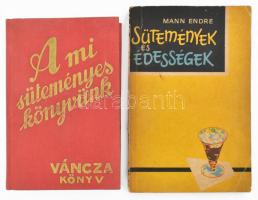 A mi süteményes könyvünk. Váncza könyv. Bp., 1991, Minerva. Reprint! Kiadói egészvászon kötésben. + Mann Endre: Sütemények és édességek. Bukarest, 1965, Meridiane Könyvkiadó. Kiadói papírkötés, kopott, kissé foltos borítóval.