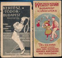 cca 1910-1920 2 db sportcikkeket reklámozó számolócédula (Weszely István, ill. Kertész Tódor, Budapest), kis sérülésekkel