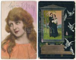 21 db RÉGI zsáner képeslap vegyes minőségben: hölgyek, szerelmes párok / 21 pre-1945 postcards in mixed quality: ladies, couples in love