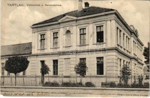 1917 Prázsmár, Tartlau, Presmer, Prejmer; Volksschule und Gemeindehaus / iskola és községháza. Fotogr. J. Schuller &amp; Sohn. Alfred Steiner kiadása / school and town hall (vágott / cut)