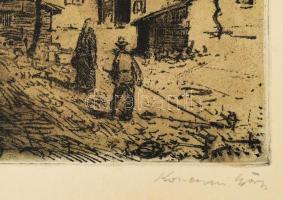 Konecsni György (1908-1970): Október. Színezett rézkarc, papír, jelzett, kartonra kasírozva, 29×38 c...