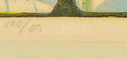 Keleti Jenő, ifj. (1943-): Téli falu. Színes linómetszet, papír, jelzett, számozott (100/65), paszpa...