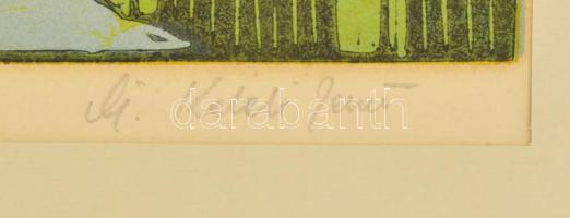 Keleti Jenő, ifj. (1943-): Téli falu. Színes linómetszet, papír, jelzett, számozott (100/65), paszpa...