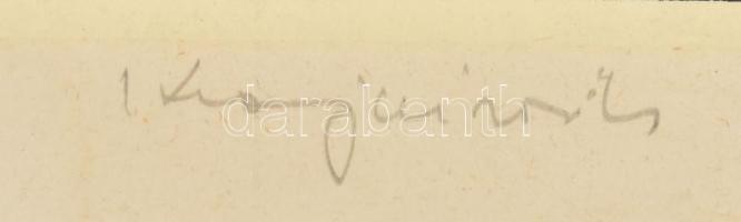 Krajcsirovits Henrik (1929-2007): Mosógép falun. Linómetszet, papír. Jelzett. Lap szélén foltos. 23x...